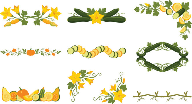 Set of decorative zucchini and pumpkin vegetable borders and corners for autumn design