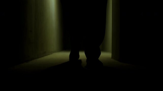 Silhouetted figure walks through dim corridor with overhead lighting, moving from shadowed floor area toward brighter passage while long shadows shift across interior space with strong contrast