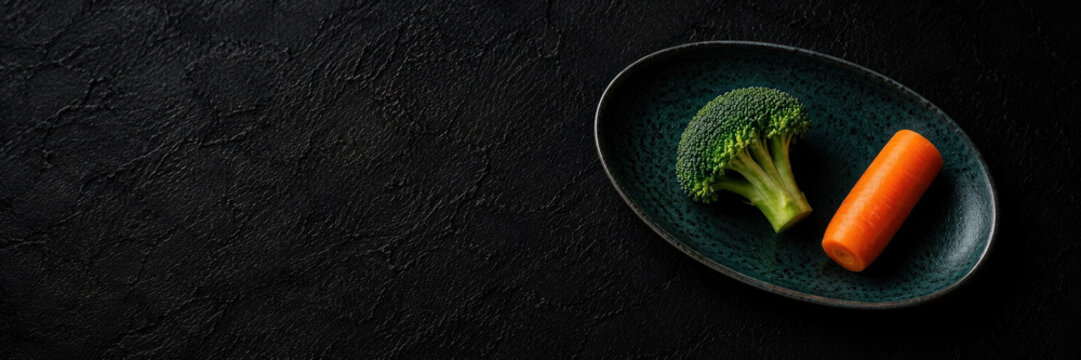 Fresh broccoli and carrot arranged on a dark ceramic plate over a textured black surface. Minimal healthy food composition with copy space.