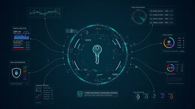 Motion graphic of cybersecurity dashboard and digital key interface with threat detection panels, designed for cyber defense command center and data protection presentations.