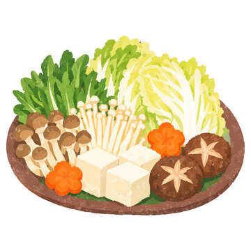 Hand Drawn Style Japanese Shabu Shabu Vegetable and Tofu Ingredients Illustration