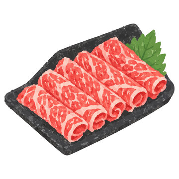 Hand Drawn Style Japanese Wagyu Beef Slices on Black Tray Illustration