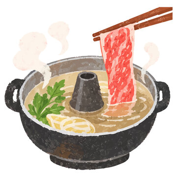 Hand Drawn Style Japanese Shabu Shabu Hot Pot with Beef Illustration