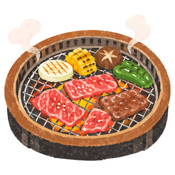 Hand Drawn Style Japanese Yakiniku Barbecue Grill Illustration