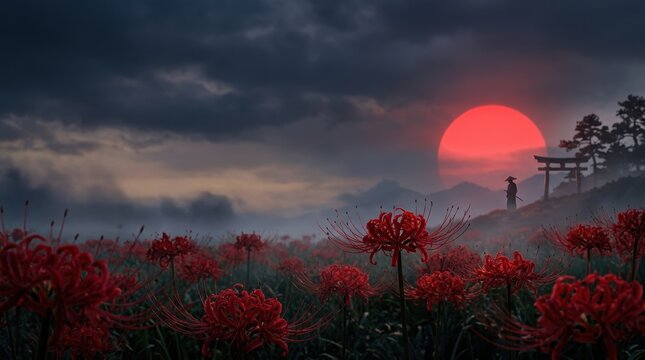 Warm Golden Hour Sunset Lighting Samurai Silhouette Field Flowers 3D Render Photography