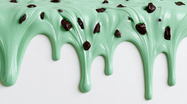 チョコチップ入りのミントクリームが垂れる白背景の装飾素材