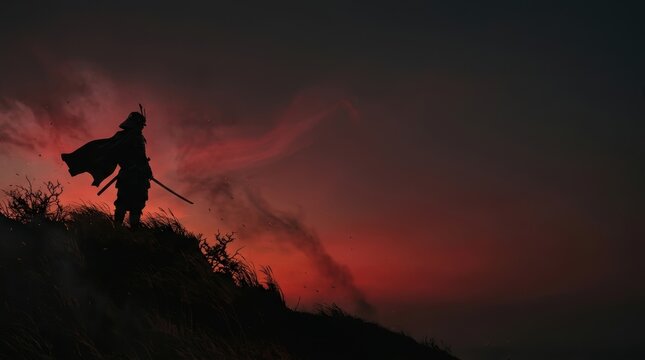 Depth of field cinematic samurai silhouette standing fiery cliffside photography