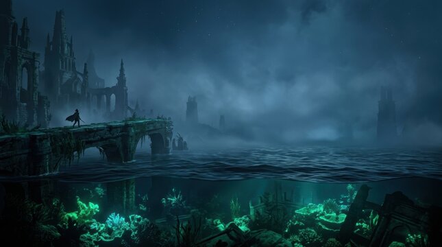 Eerie Fantasy Bridge Ruins Mysterious Glowing Underwater 3D Render Wallpaper