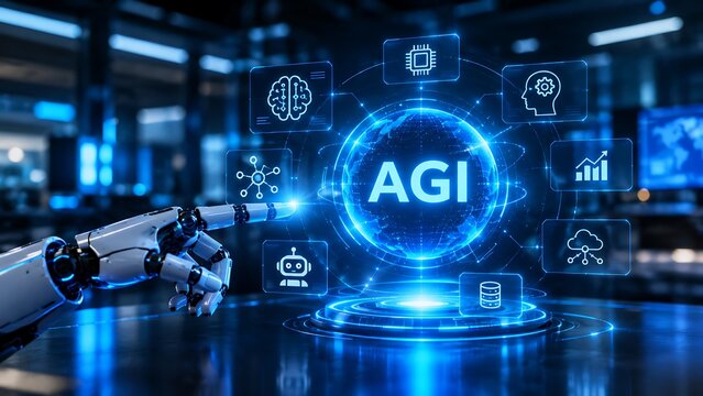 Robotic arm touching glowing blue agi sphere with digital icons for advanced automation concepts.