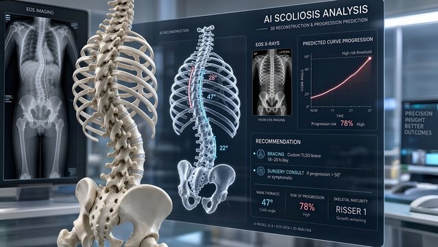 3d medical illustration of a human spine model with ai reconstructing spinal deformity from eos x-ray imaging, predicting curve progression and showing a surgical recommendation inset