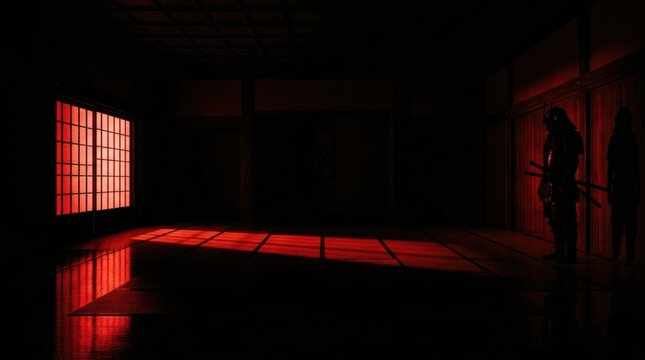 Minimalist Composition Red Lit Samurai Silhouette Photographic Wallpaper Background