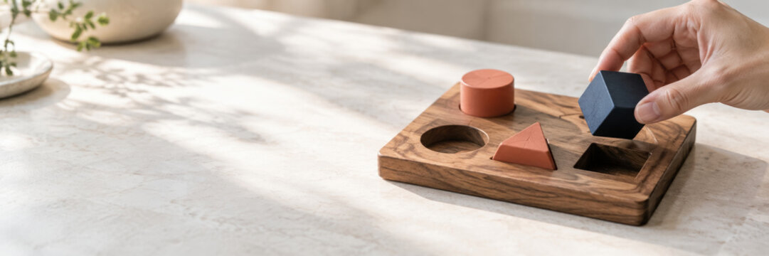 A hand arranges colorful geometric shapes in compartments of a wooden tray on a bright marble table, suggesting organization and creative learning.