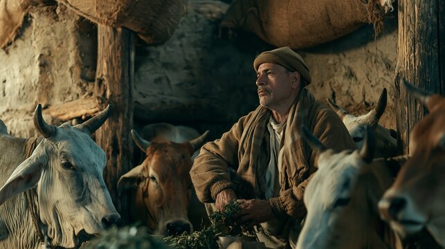 An elderly farmer sits in a rustic barn with his cattle while feeding them fresh green fodder