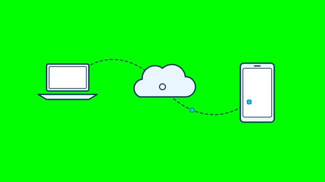 Cloud data transfer animation showing digital files moving from a laptop to cloud storage and then to a smartphone, illustrating cloud computing, file synchronization