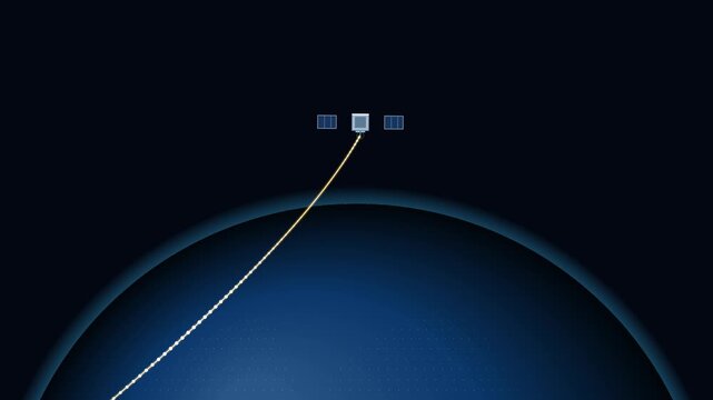 Communication satellite orbiting Earth with continuous connected signal streams transmitting and receiving data, illustrating satellite internet, global connectivity, and space communication technolog