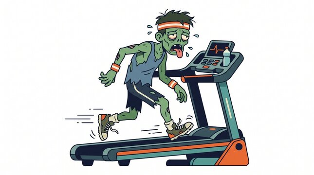 Cartoon Zombie Running on Treadmill