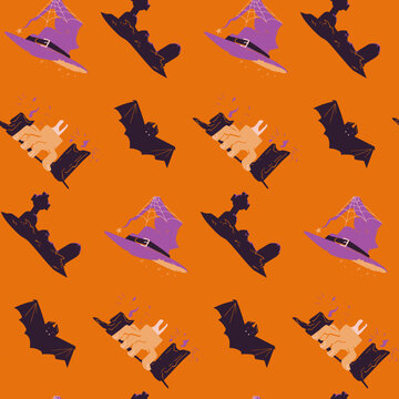 Halloween seamless pattern vector illustration with witch hat, spider web, zombie hand, bat and grave cross on orange background for party decor and gift wrap