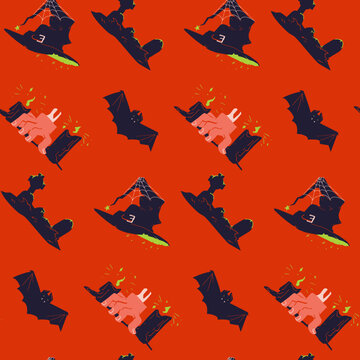 Gothic Halloween seamless pattern vector illustration with dark witch hat, poison green accents, zombie claw and vampire bat on red background