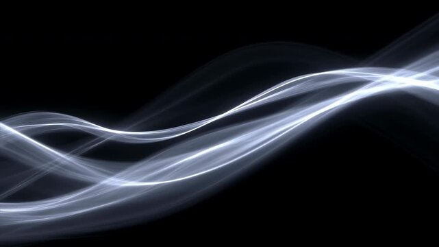 Translucent white light ribbons flow across black background in smooth curved waves, creating luminous motion with layered depth, soft glow, overlapping lines, and minimalist composition for design