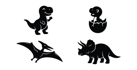 Cute Dinosaur Silhouette Set Featuring Tyrannosaurus, Hatchling, Pterodactyl, and Triceratops Vector Icons © Vector