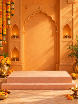 Diwali 3D product display background with empty stepped podium, brass diya lamps and marigold garland against saffron arched niches, creating warm festive space for merchandise compositing and design.