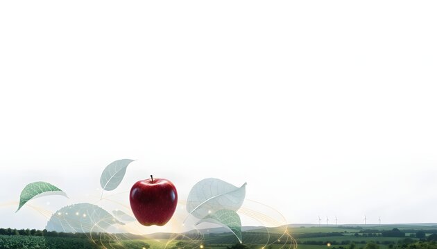 Red apple floating above green fields with abstract leaves