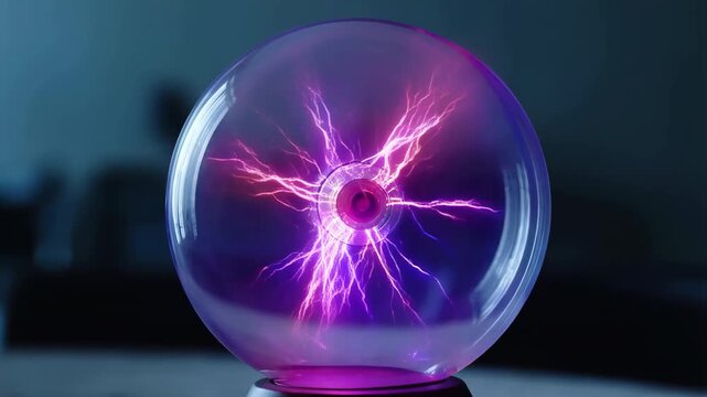 Close up plasma globe electric arcs pulsing and branching in dark room bokeh background 60 FPS