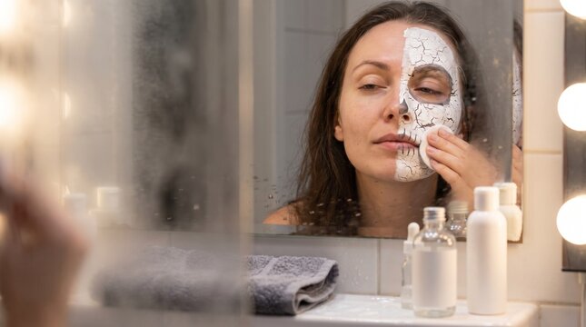 Woman removing Halloween face paint with cotton pad at mirror