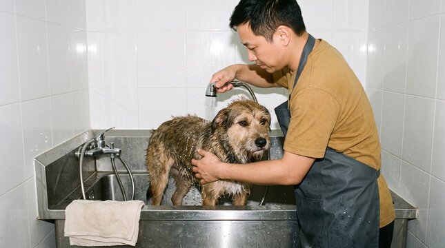 Rescue dog receives a calming wash and dry