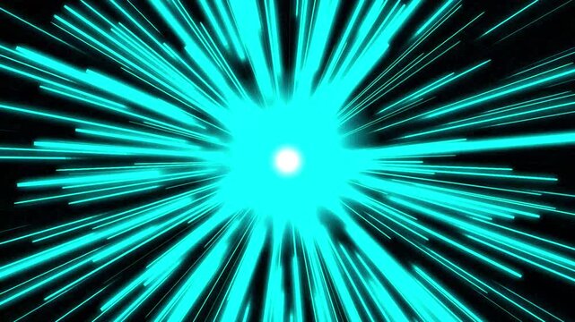 Cyan neon light speed warp tunnel effect, abstract hyperspace travel background, futuristic motion for sci-fi and digital technology projects