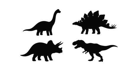 Dinosaur silhouettes set featuring Brachiosaurus, Stegosaurus, Triceratops, and Tyrannosaurus Rex in black vector graphic style © Vector