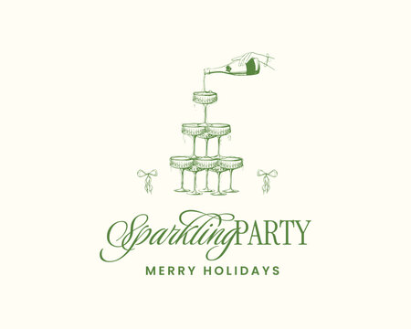 Champagne doodle sketch label template. Sparkling wine bottles in ice bucket. Wedding, Christmas celebration coquette emblem. Hand-drawn vector whimsical illustration for bachelorette party invitation