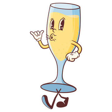 Christmas Cartoon Groovy Champagne Retro Character Illustration. Vintage Xmas Drink Sparkling Wine Glass Vector Mascot Template. Happy Vintage Cool Holiday Celebration Beverage Personage Isolated