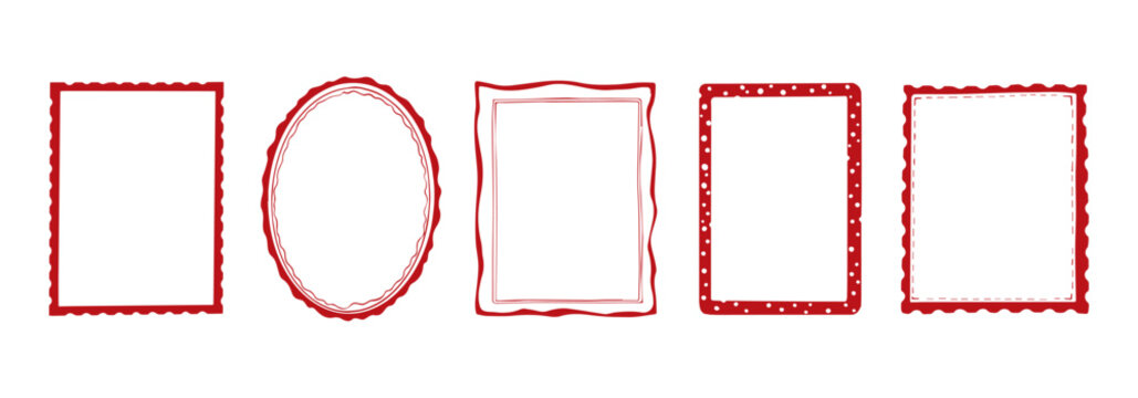 Doodle stamp frames ornament hand drawn set. Rectangle wave line postal border illustrations for wedding, greeting cards and party invitation. Whimsical corrugated simple label retro design collection