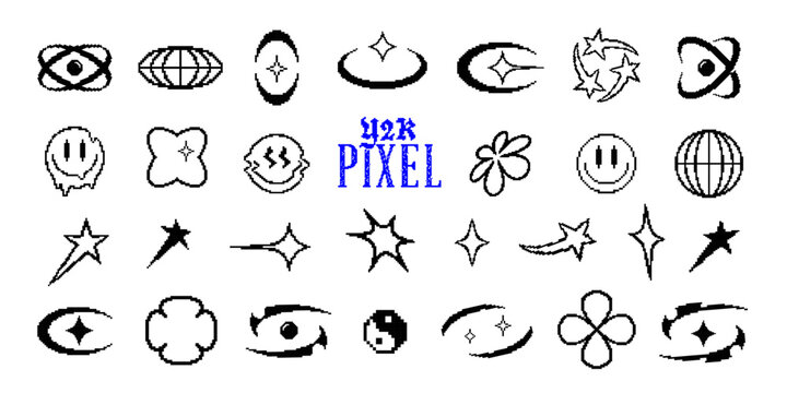Pixel y2k retro icons set. Abstract vector elements in vaporwave acid style. Geometric sticker shapes in pixel art style. Digital brutalist techno glitch bitmap symbols collection. Isolated