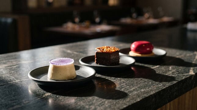 Three plated dessert textures await evening service