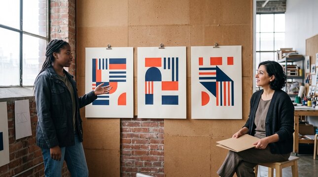 Young artist reviews abstract prints with her mentor