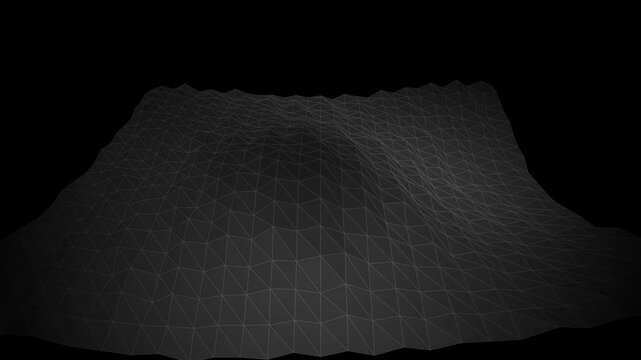 Futuristic 3D wireframe terrain mesh animation, dark digital topographical mountain landscape, monochrome geometric mesh loop for tech background