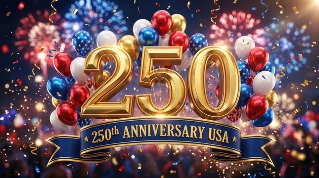 Golden number two hundred fifty with colorful balloons and falling confetti celebrating a special milestone anniversary event