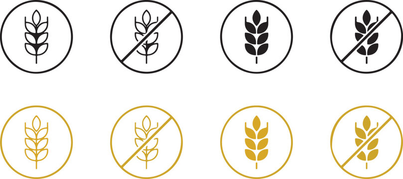 Wheat and gluten free icon set with crossed grain symbols, allergen warning signs for food packaging, dietary labels and menus.