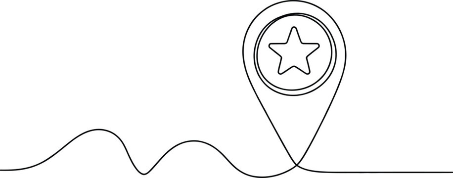 Continuous single line drawing of a map pointer pin with a star symbol representing a favorite location or a top rated destination on a simple path