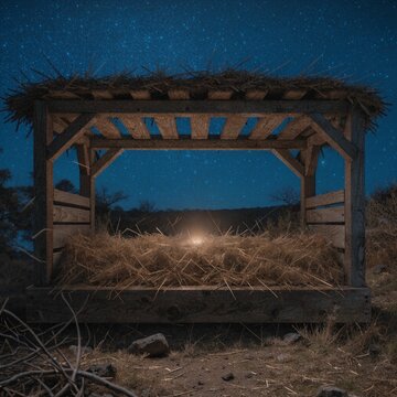Close-up of an empty wooden manger filled with straw and a soft glowing light, symbolic and minimal