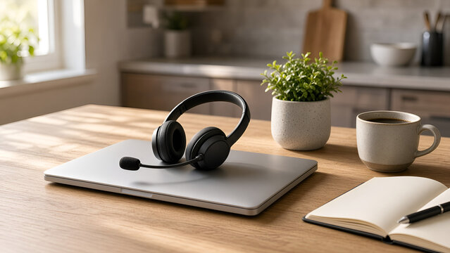 Wireless headset with microphone resting on closed laptop on kitchen table