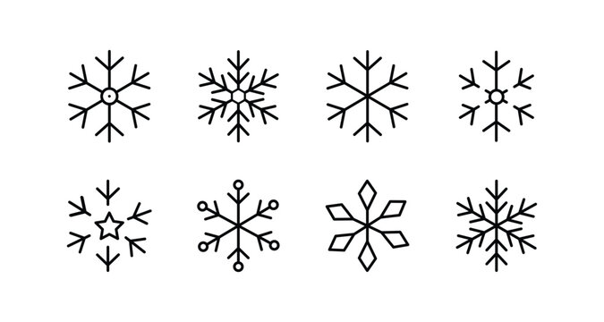 Snowflake line icon set, featuring geometric linear snow crystal symbols for winter and Christmas holiday decoration, vector