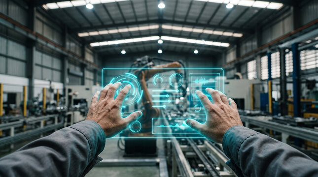 First person view of faceless industrial worker hands interacting with glowing digital dashboard hologram in smart factory