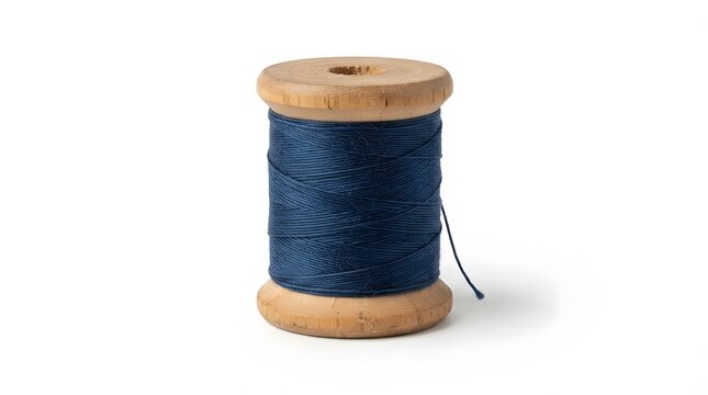 Vintage wooden spool with dark blue sewing thread isolated on a white