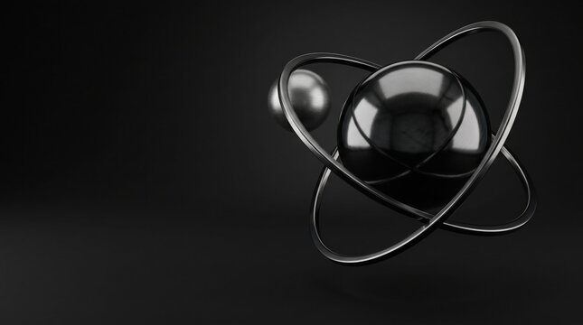 Abstract atomic structure with glossy spheres and orbiting rings on a dark black friday background