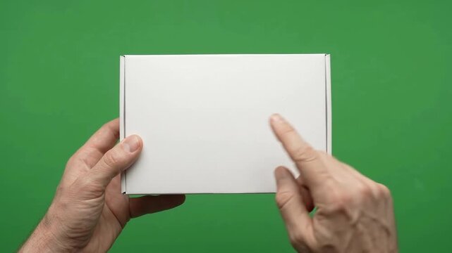 Close-Up of Adult Presenter Holding and Rotating a Blank Rectangular Product Box on Green Screen Background for Product Advertising and Packaging Mockup
