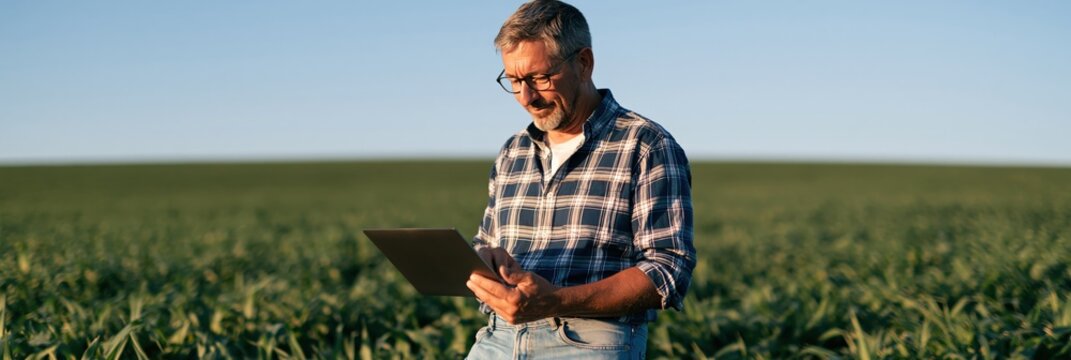 Farmer using tablet in crop field for agriculture management and data monitoring background for farm business and agtech design