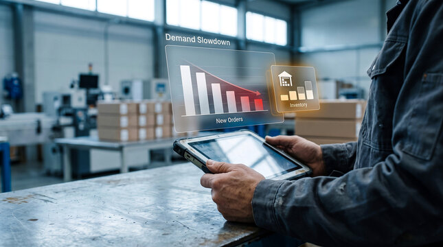 Factory worker holding rugged tablet with holographic demand slowdown bar chart, falling new orders and inventory warehouse icon in industrial plant